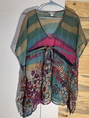 RHONA SUTTON Floral Beaded Sequin Embellished Drawstring Swim Cover Up Resort